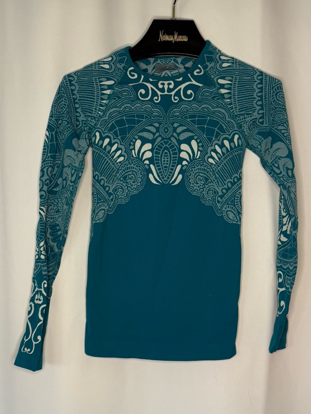Athleta Teal Long-Sleeve Tattoo Twist Crew with White Ornate Print